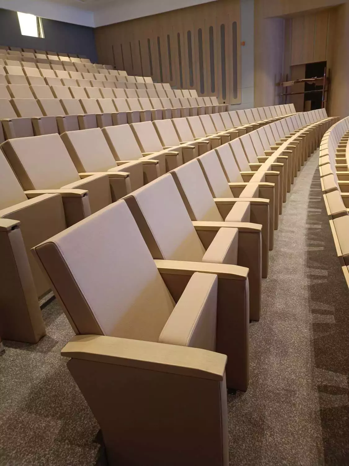 Onze auditoriumstoelen in dit project zijn ontworpen om zowel comfort als duurzaamheid te bieden. Ze zijn uitgerust met geluidsabsorberende materialen, wat ze perfect maakt voor grote bijeenkomsten en lezingen. Image