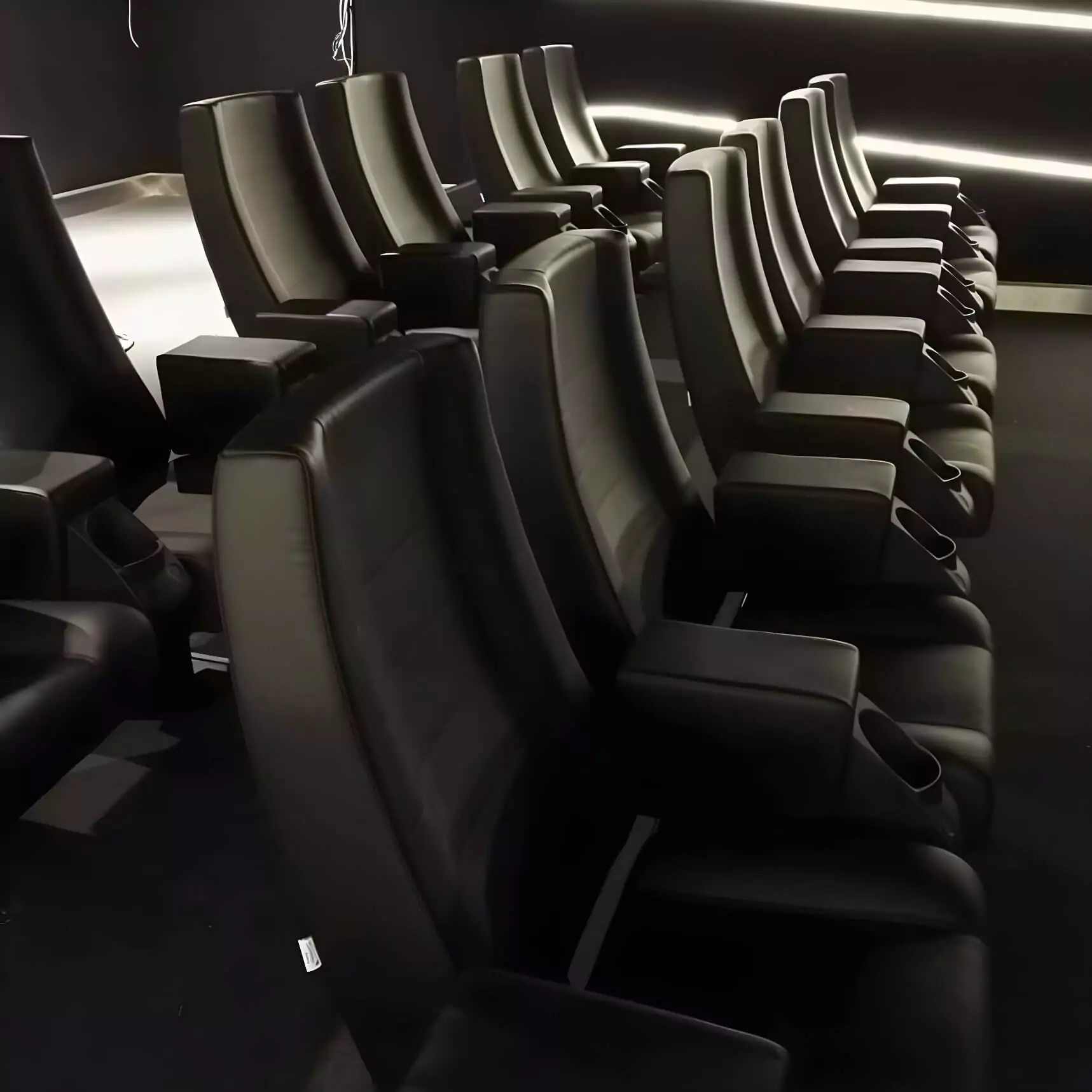 In deze bioscoop hebben we stoelen geïnstalleerd die zowel esthetisch aantrekkelijk als functioneel zijn. De stoelen bieden uitstekende ondersteuning en zijn gemaakt van duurzame materialen voor intensief gebruik. Image